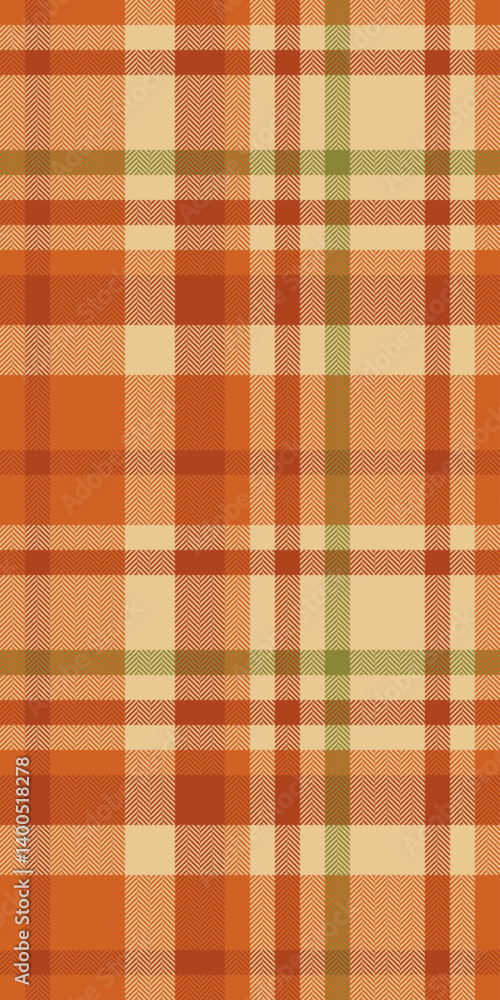 Warm autumnal plaid pattern in orange, beige, and green hues. Perfect for fallthemed designs, textile prints, and backgrounds. Evokes feelings of comfort, warmth, and rustic charm. Warm autumnal plaid pattern in orange, beige, and green hues. Perfect for fallthemed designs, textile prints, and backgrounds. Evokes feelings of comfort, warmth, and rustic charm.