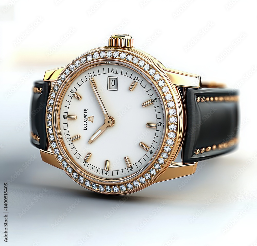 Luxury Watch Gold Bezel Diamonds White Dial Precision Design Modern Timepiece Luxury Watch Gold Bezel Diamonds White Dial Precision Design Modern Timepiece
