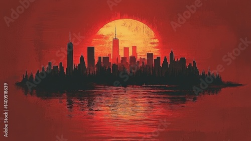 Crimson Cityscape: A Silhouette of Urban Majesty at Sunset