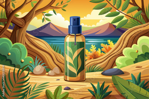 vector of Luxury bottle of skin care / cosmetics on the background of natural sand and wood...