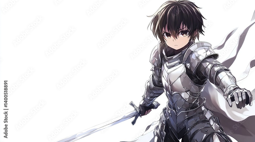 Young anime knight in silver armor wielding a sword against white background. Young anime knight in silver armor wielding a sword against white background.