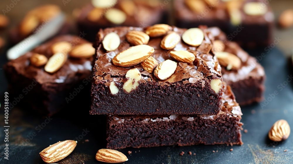 Homemade fudgy brownies with almond nuts on top, perfect for an indulgent treat