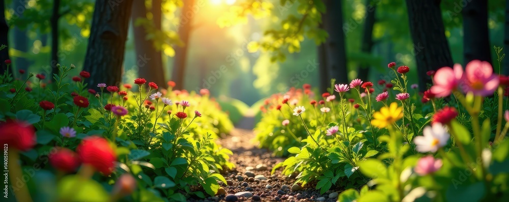 Obraz premium Sunlit forest trail with wildflowers and berries, Pathway, Leaves