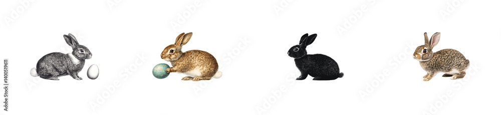 Colorful rabbits with eggs in varying poses on transparent background Colorful rabbits with eggs in varying poses on transparent background