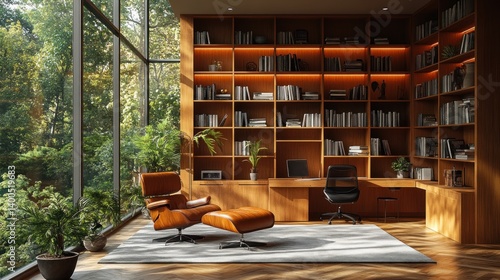 Serene Home Library with Panoramic Forest Views