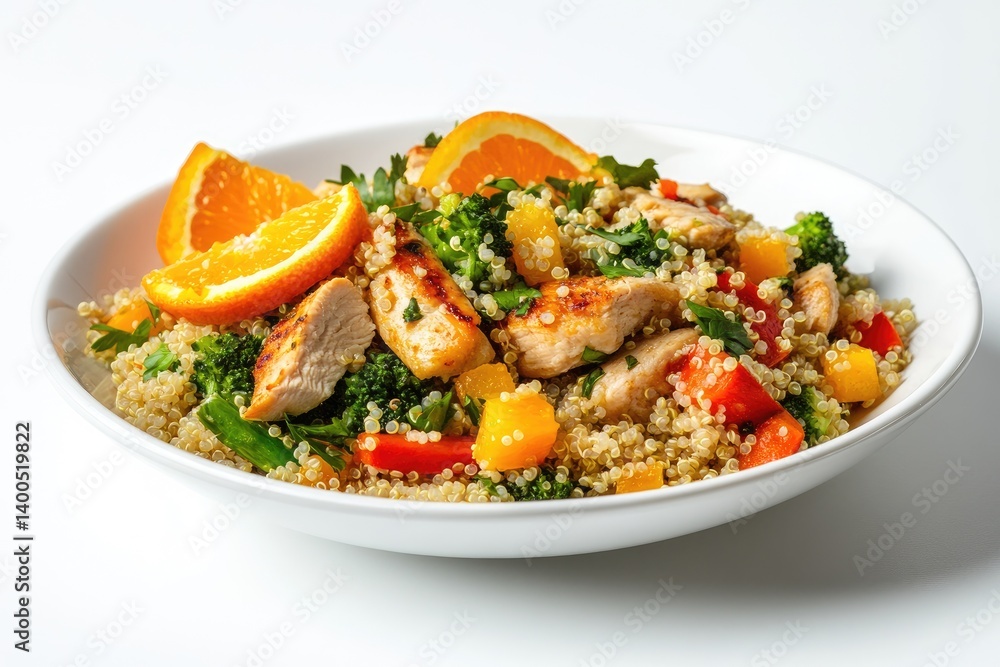 Healthy chicken and quinoa bowl with fresh citrus and vegetables Healthy chicken and quinoa bowl with fresh citrus and vegetables