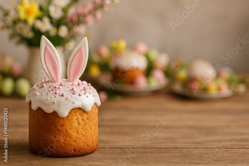Festive Easter Cupcake With Bunny Ears Decorated With Flowers on Rustic Woode...