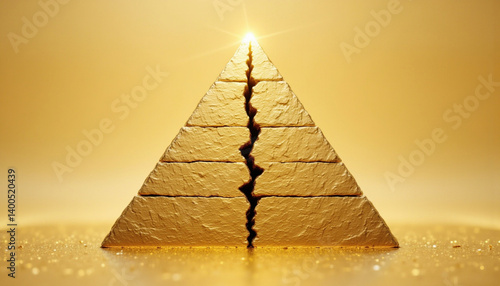 golden pyramid with crack running through it symbolizes wealth inequality and division. light emanating from top adds sense of hope and contrast