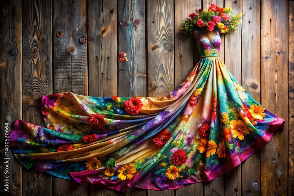 Fototapeta premium Fashion Photography: Floral Dress on Rustic Wooden Background