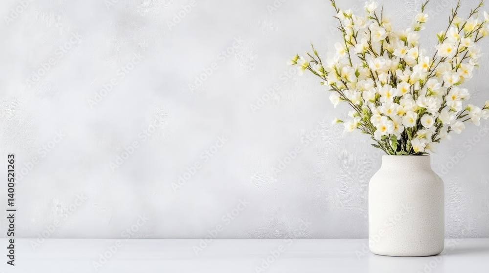 Fototapeta premium A white ceramic vase filled with delicate white flowers standing on a minimalist white table, soft focus background, and serene and elegant composition.