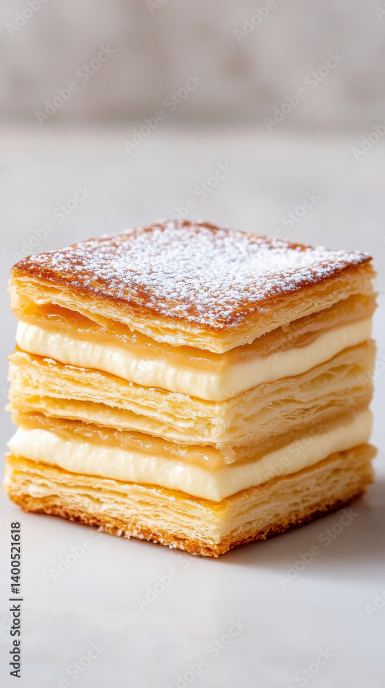 Layered Delight: A close-up image of a delectable mille-feuille pastry, showcasing its multiple layers of golden, flaky puff pastry and creamy, rich custard filling, dusted with powdered sugar. Layered Delight: A close-up image of a delectable mille-feuille pastry, showcasing its multiple layers of golden, flaky puff pastry and creamy, rich custard filling, dusted with powdered sugar.