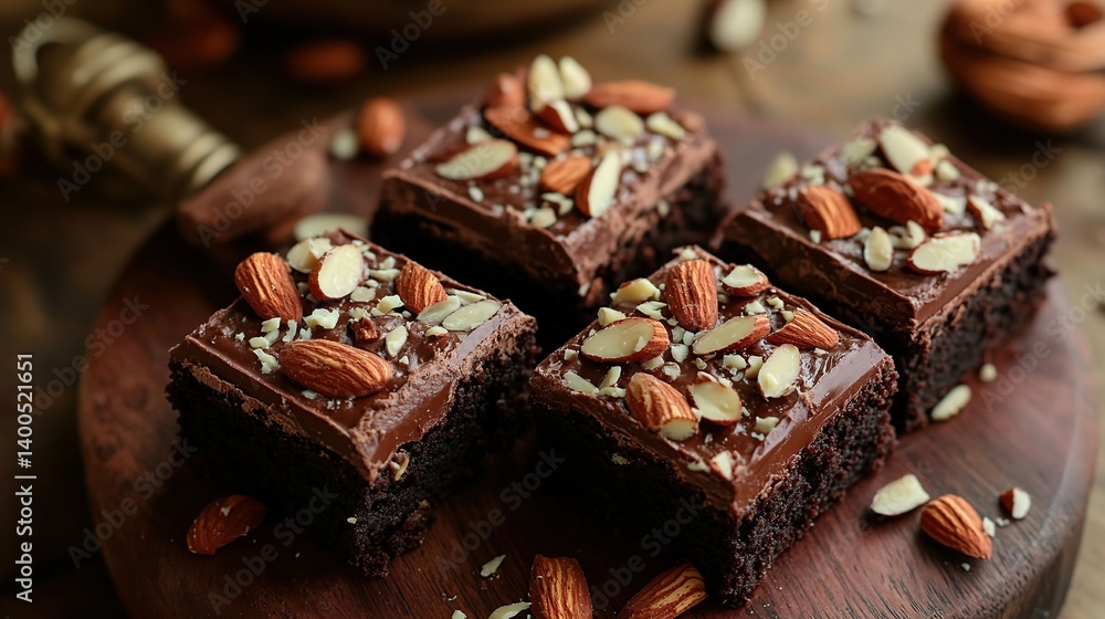 Homemade fudgy brownies with almond nuts on top, perfect for an indulgent treat Homemade fudgy brownies with almond nuts on top, perfect for an indulgent treat