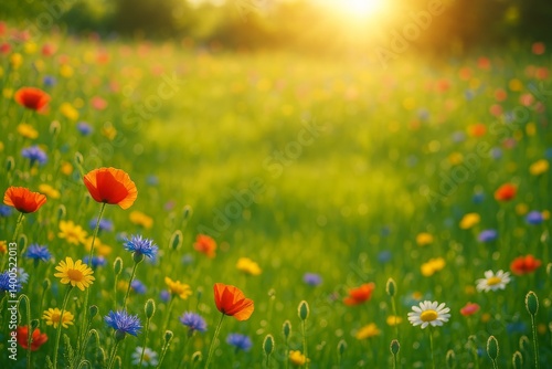 Vibrant Wildflower Field Illuminated by Golden Sunlight at Sunset