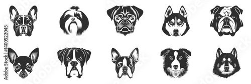 Dog Breed Faces Silhouette Set. Diverse Canine Head Illustrations For Pet Lovers And Design Projects. Isolated Vector Illustration Collection