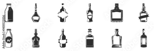 Silhouette Of Various Bottles Set. Beverage And Container Design Elements Isolated Vector Illustration Collection