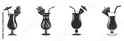 Tropical Cocktail Glasses Silhouette Set. Exotic Beverage Icons With Umbrellas And Fruit Garnishes Isolated Vector Illustration Collection