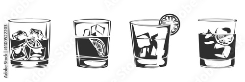 Cocktail Glasses With Ice And Citrus Silhouette Set. Beverage And Refreshment Theme Isolated Vector Illustration Collection