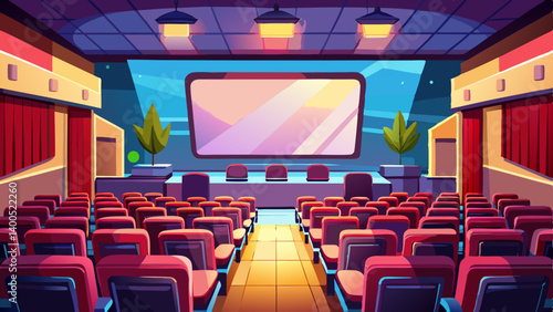 Modern cinema interior with large blank screen and empty black chairs. 3D Rendering