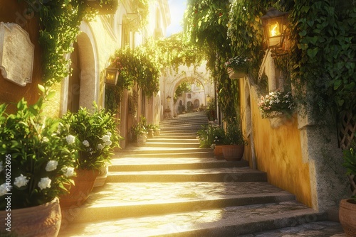 Sunny, flower-filled alleyway
