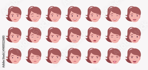 Attractive businesswoman, female face emotion set, ponytail hairstyle feelings bundle portrait icons, emotional states, eye gaze, facial expression pic, smiles, frowns, grimaces. Vector illustration