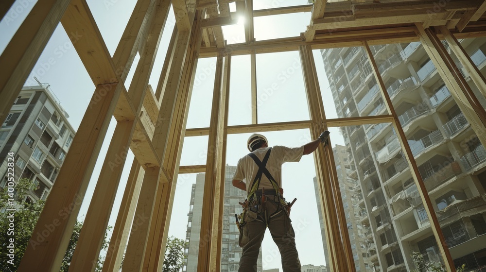 Construction worker assembling a wooden frame for a house. Featuring craftsmanship and structure Construction worker assembling a wooden frame for a house. Featuring craftsmanship and structure