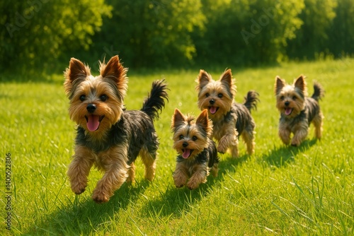 Happy Dogs Playing and Running Together in a Sunny Green Park on a Clear Day
