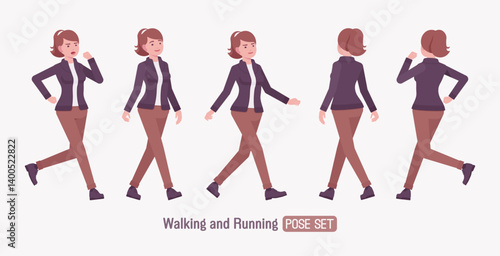 Attractive active young adult woman, walk, run pose set. Casual apparel female model, ponytail hairstyle, activewear jacket, pants, everyday effortless comfort. Vector flat style cartoon illustration