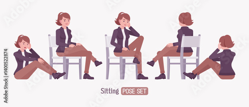 Attractive active young adult woman, chair sit pose set. Casual apparel female model, ponytail hairstyle, activewear jacket, pants, everyday effortless comfort. Vector flat style cartoon illustration