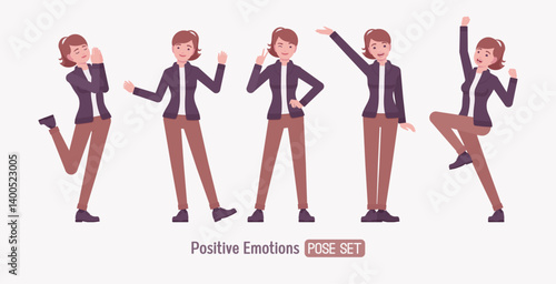 Attractive active young woman, happy emotion pose set. Casual apparel female model, ponytail hairstyle, activewear jacket, pants, everyday effortless comfort. Vector flat style cartoon illustration