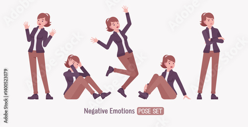 Attractive active young woman, unhappy emotion pose set. Casual apparel female model, ponytail hairstyle, activewear jacket, pants, everyday effortless comfort. Vector flat style cartoon illustration