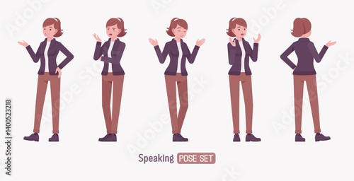 Attractive active young adult woman, speaking pose set. Casual apparel female model, ponytail hairstyle, activewear jacket, pants, everyday effortless comfort. Vector flat style cartoon illustration