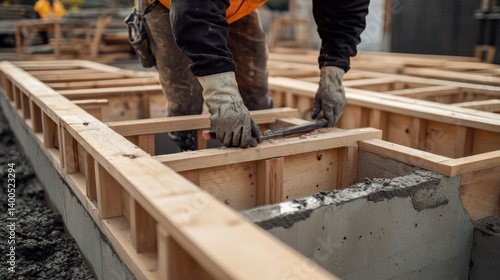 Construction worker assembling wooden forms for pouring concrete. Featuring preparation and coordination