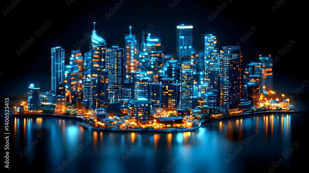 Naklejka premium Futuristic Cityscape at Night with Glowing Blue and Orange Lights Reflecting on the Water