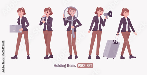 Attractive active young woman, holding items pose set. Casual apparel female model, ponytail hairstyle, activewear jacket, pants, everyday effortless comfort. Vector flat style cartoon illustration
