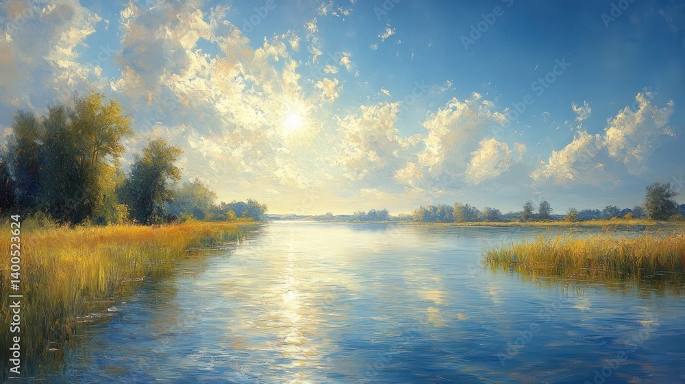 Fototapeta premium Peaceful River Scene with Blue Sky Bright Sun and Lush Green Trees