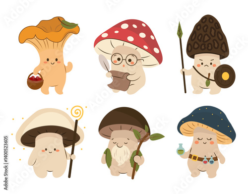 Flat style illustration of six cute anthropomorphic mushrooms dressed as fantasy characters like wizards, warriors, and alchemists, ideal for magical design projects and storytelling visuals.