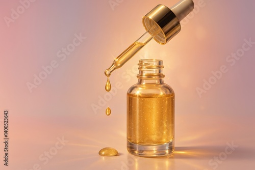 Golden Oil Dropper and Bottle Against a Soft Pastel Background During Evening...