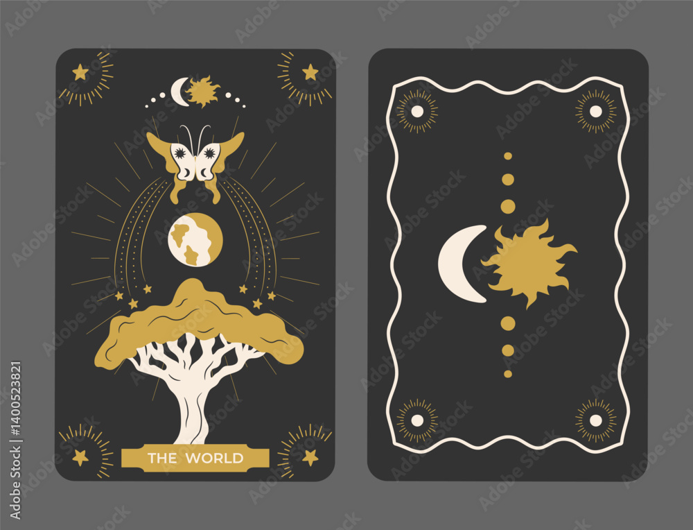 Major Arcana Tarot card the World. Tarot symbolism. Mystery, astrology, esoteric. Vector illustration Major Arcana Tarot card the World. Tarot symbolism. Mystery, astrology, esoteric. Vector illustration