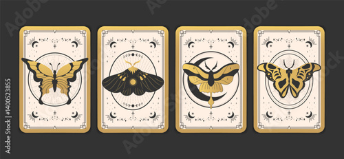 Tarot card design set with golden butterflies. Magical esoteric Tarot deck set. Vector illustration