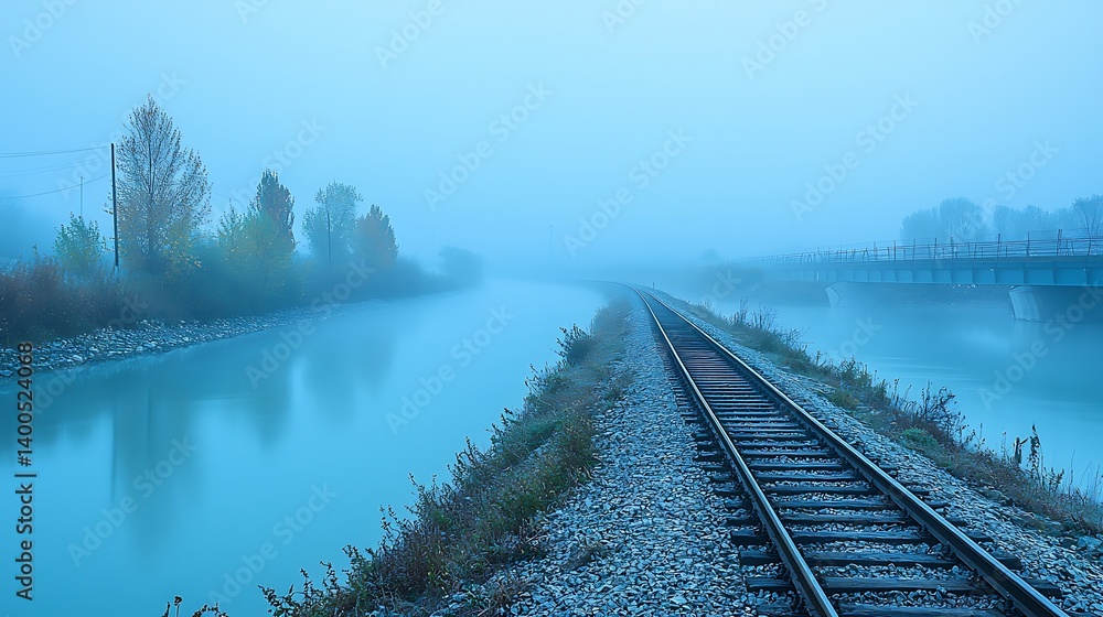Fototapeta premium Misty river and railway track at dawn. Tranquil landscape
