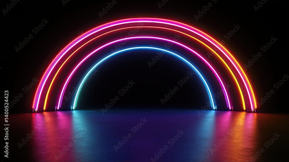Dynamic vibrancy of glowing neon arches against an infinite black backdrop Dynamic vibrancy of glowing neon arches against an infinite black backdrop
