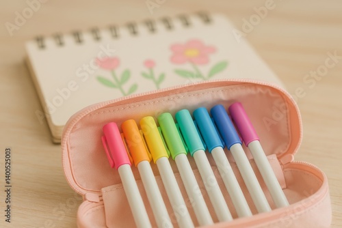 Colorful Markers Arranged Neatly in a Pink Case Beside a Blank Notepad on a W...