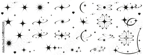 Big Set Y2K stars twinkle bling isolated white background. Abstract sparkle tattoo shapes. Collection simple Geometric sign vector illustration. EPS 10