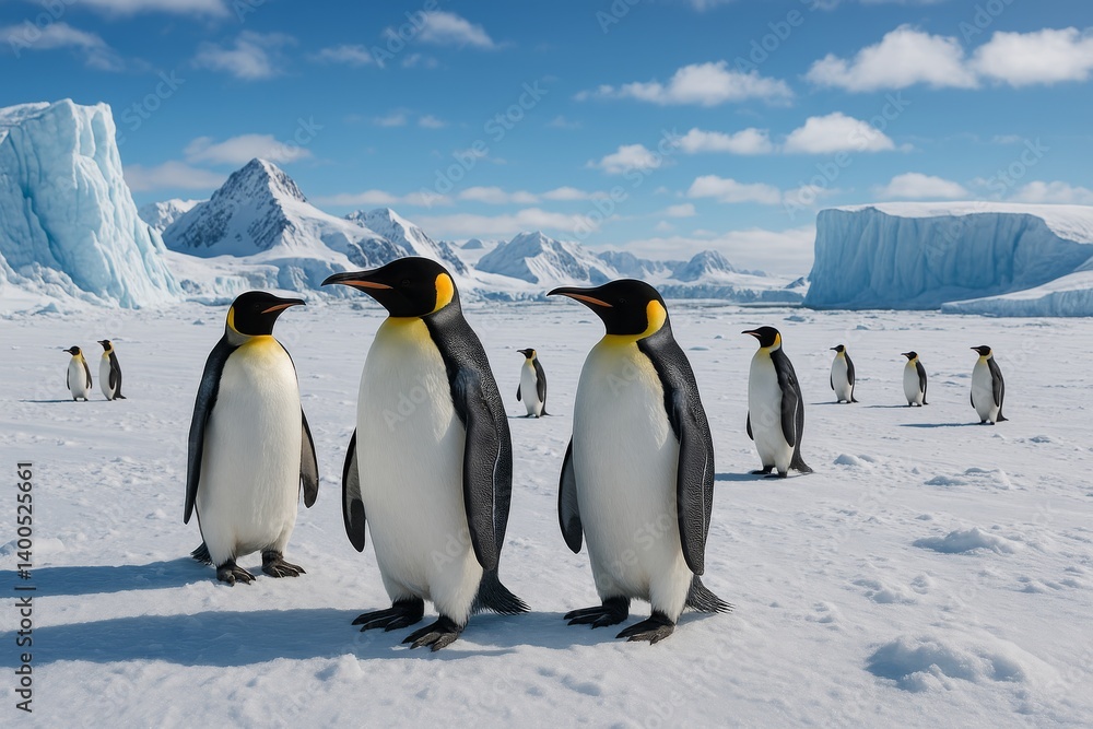 Obraz premium Group of Emperor Penguins Standing on Snowy Landscape in Antarctica During Bright Sunny Day