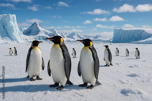 Group of Emperor Penguins Standing on Snowy Landscape in Antarctica During Br...