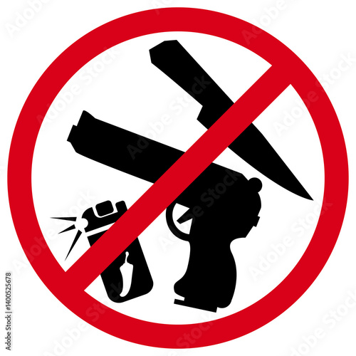 prohibition sign with silhouette of handgun, knife and pepper spray. No weapon here please.