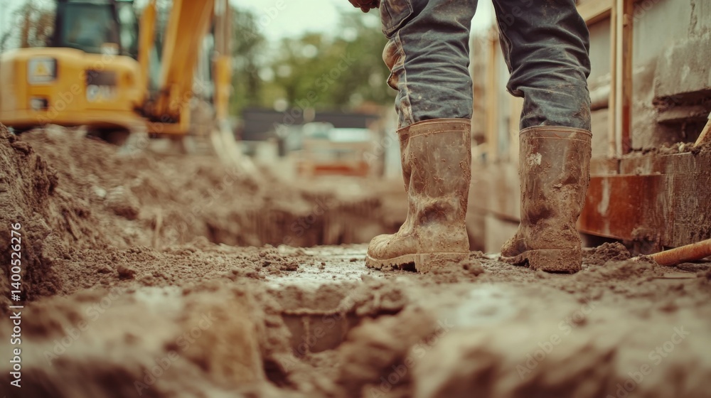 Fototapeta premium Construction worker checking the excavation site for foundation work. Featuring expertise and groundwork