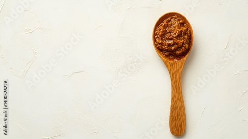 A single wooden spoon containing olive tapenade, isolated on light background with top view and balanced layout