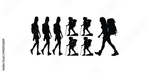 Print  Set of silhouette of walking woman with backpack, hiking, trekking - vector illustration