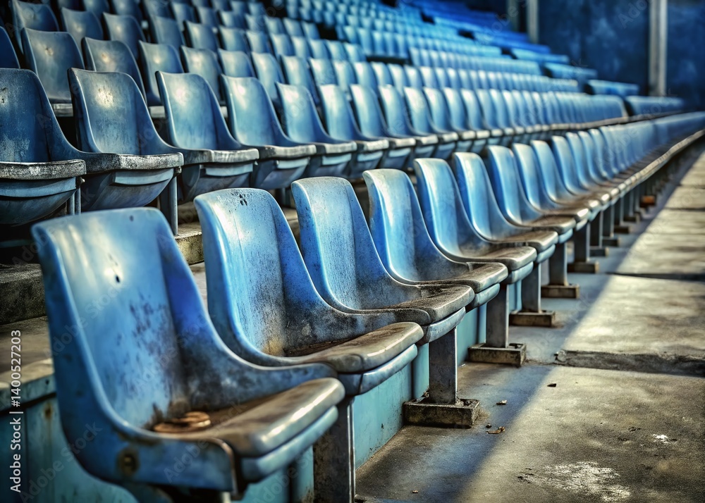 Fototapeta premium Empty Stadium with Old Blue Seats - Copy Space for Text